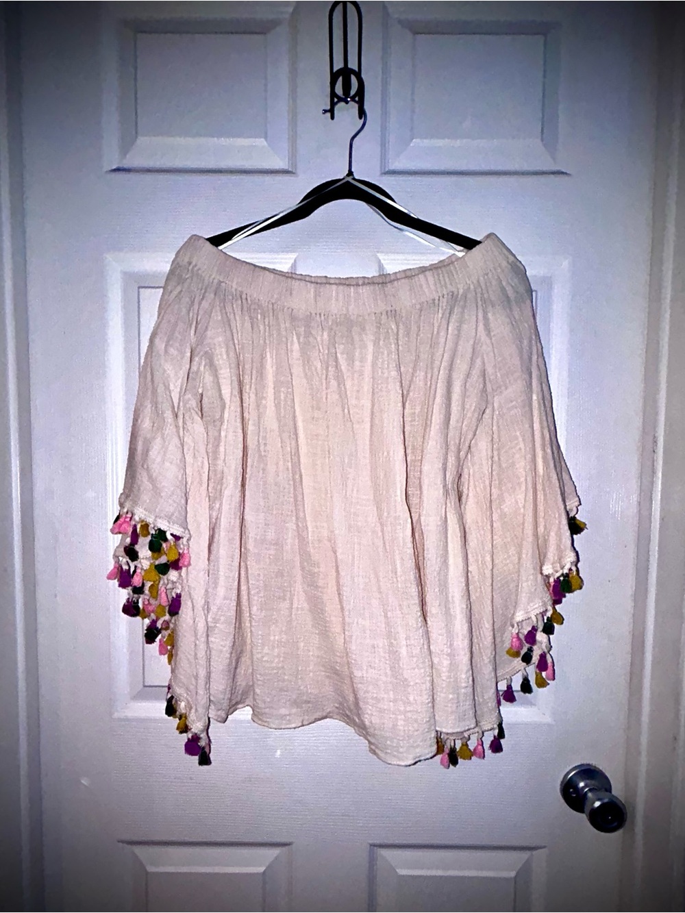 easel Cream Off-Shoulder Tunic with Multicolor Tassels